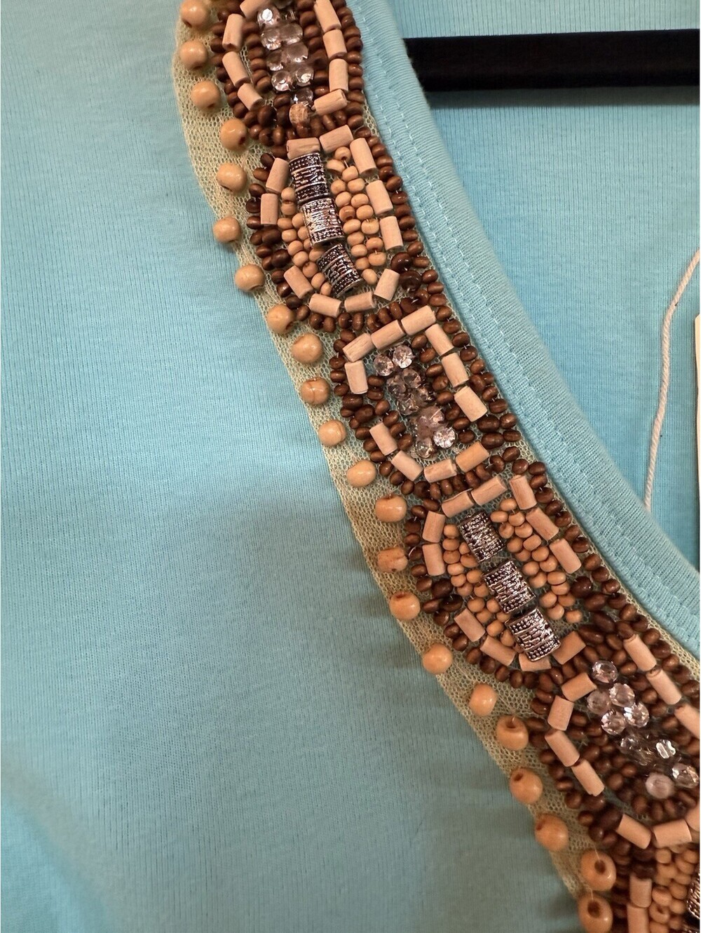 tasha polizzi turquoise three-quarter sleeve shirt with beads Sz.L - Picture 4 of 5